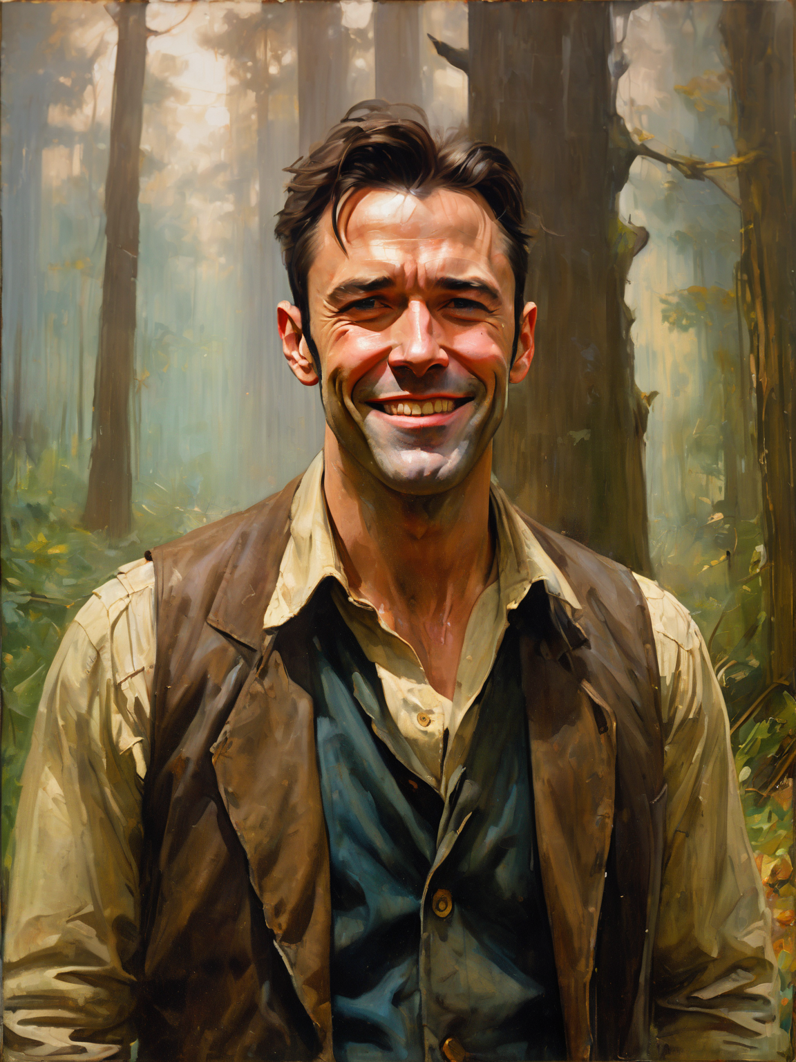 00012-643904725-oil painting, heavy brush strokes, full-body profile picture of a man, smiling,shouting, wearing a dirty brown button shirt and.png